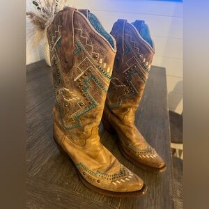 Brown Western Cowboy Boots with Turquoise Accents